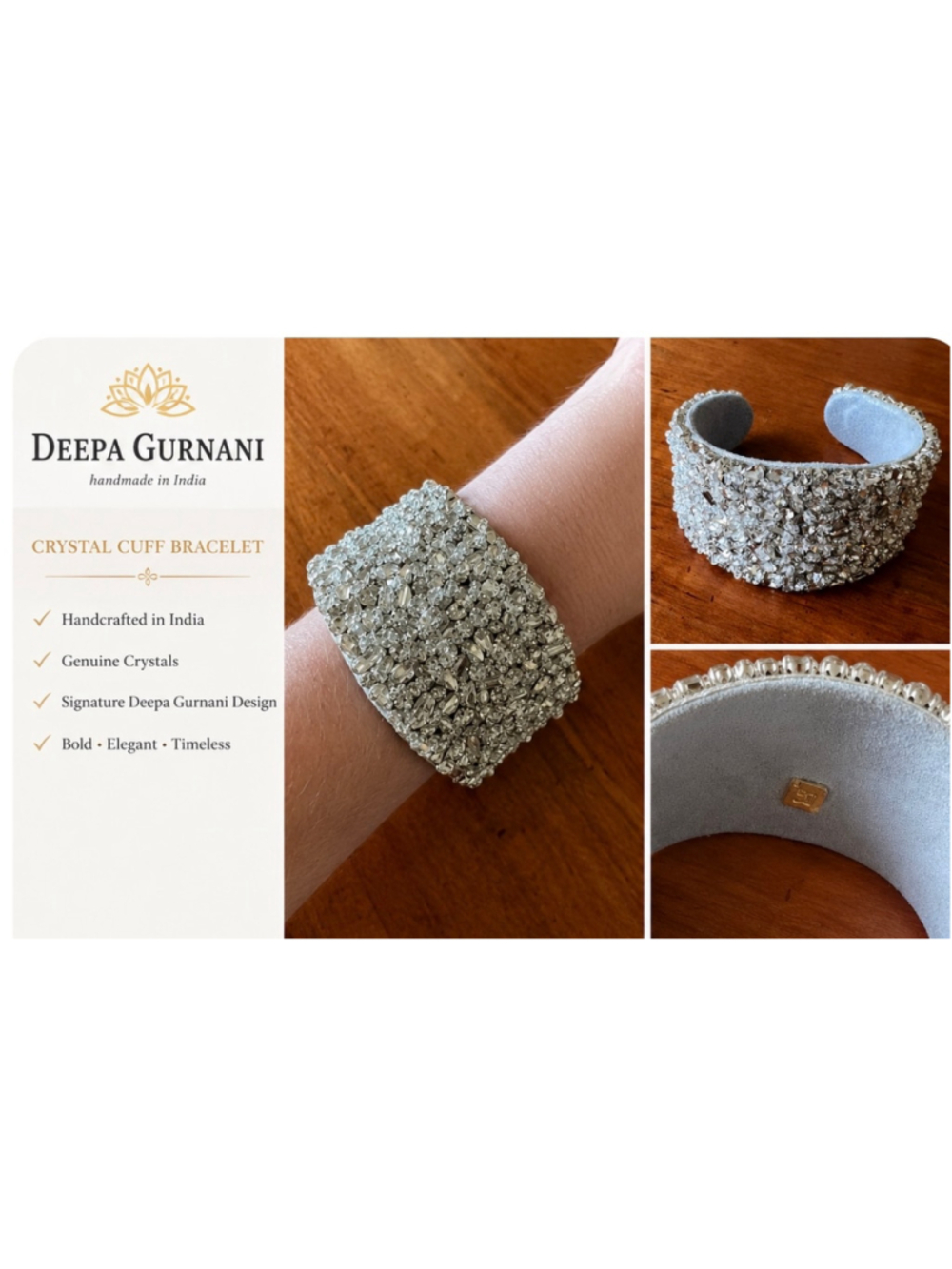 Deepa Gurnani Crystal Cuff Bracelet One Size Silver Grey Leather Backed